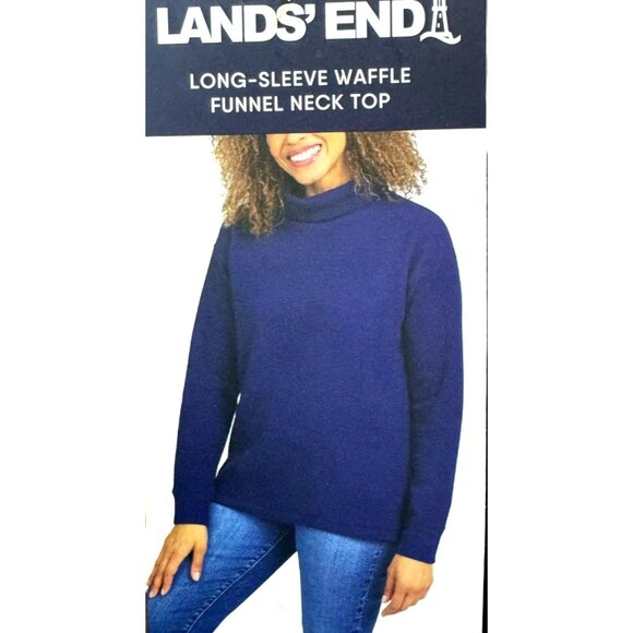 Lands' End Womens Sm Waffle Knit Sweater Long Sleeve Shirt Funnel Neck Top Blue - Picture 5 of 6